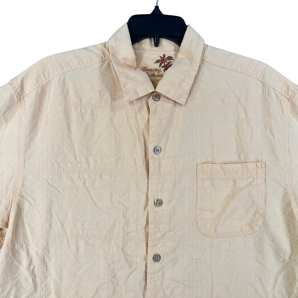 Tommy Bahama Silk Button Down Shirt Mens L Peach Grid Pattern Casual Vacation